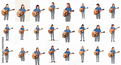 Female Guitarist Character Set: Vector collection of women playing acoustic guitar in diverse standing and practicing poses.