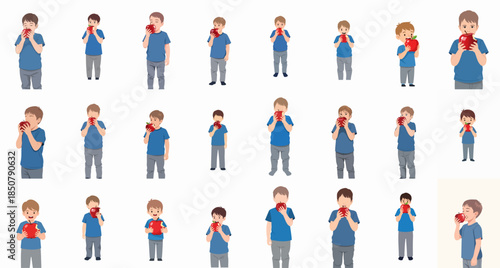 A large collection of cartoon boys enjoying eating red apples, symbolizing healthy eating habits, nutrition, and childhood development.