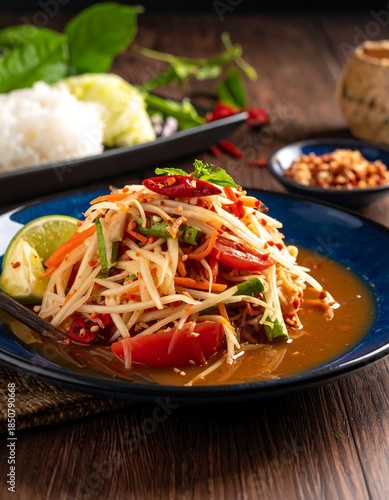 Close-up of Thai Papaya Salad on blue plate
