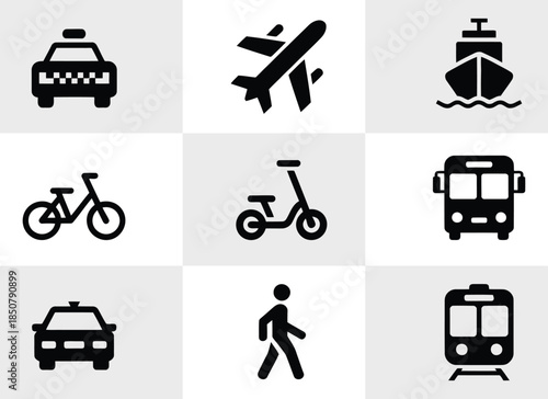 Collection of nine essential black transportation and travel icons representing diverse modes of urban and long-distance transit options