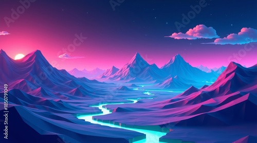 Neon mountain river at sunset mountains pink