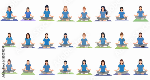 Diverse collection of young women performing seated meditation and yoga poses on mats. Set of female vector characters illustrating mindfulness, wellness, and relaxation.