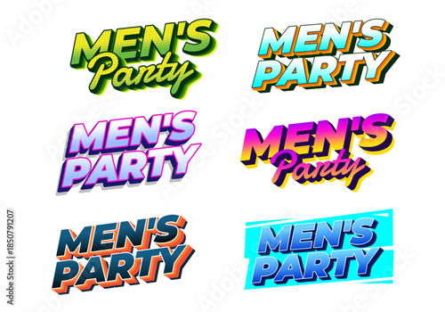 Collection of six vibrant and stylized text designs featuring the phrase Mens Party. Each design showcases unique typography and color schemes, suitable for event promotions.