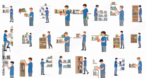 Set of vector illustrations depicting young students organizing, stacking, carrying, and browsing colorful books on various shelves and bookcases.