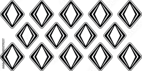 Seamless pattern of abstract black diamond shapes with sleek outlines on a checkered transparent background