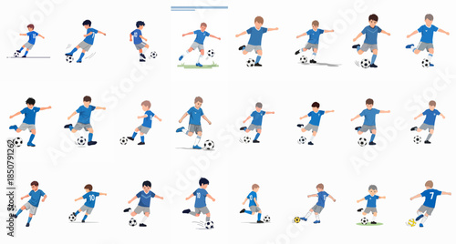 Vector set of young boys playing soccer, football players in different action poses for kicking, dribbling, shooting, and passing the ball.