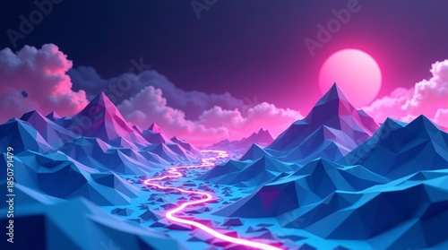 Neon river winding through polygonal mountains at sunset