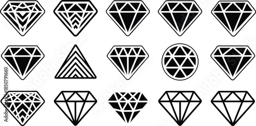 Set of black and white diamond icons. Collection of various faceted gems. Geometric shapes for design
