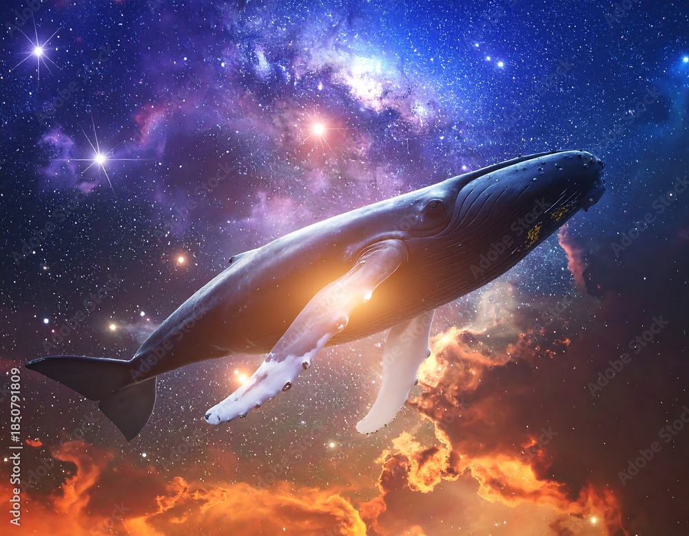 Fototapeta premium Dreamy interstellar whale floating among glowing stars high resolution wallpaper