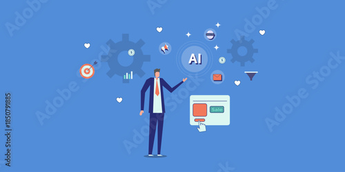 Professional sales executive stands in AI business environment, visualizes intelligent prospecting, quality lead assessment and deal close efficiency.