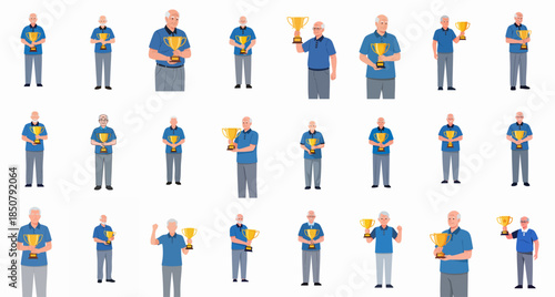 Collection of senior men illustrations celebrating success, holding and proudly displaying golden winner trophies.