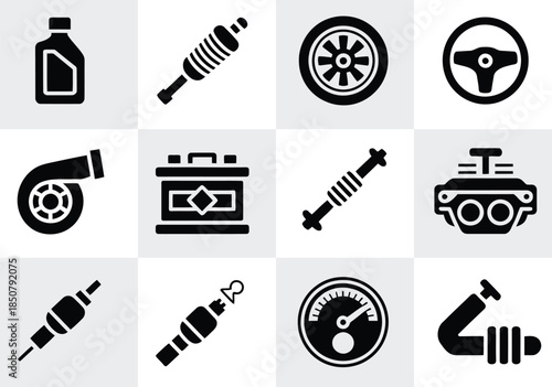 Collection of twelve black and white vector icons representing essential automobile parts and automotive repair tools for mechanical design