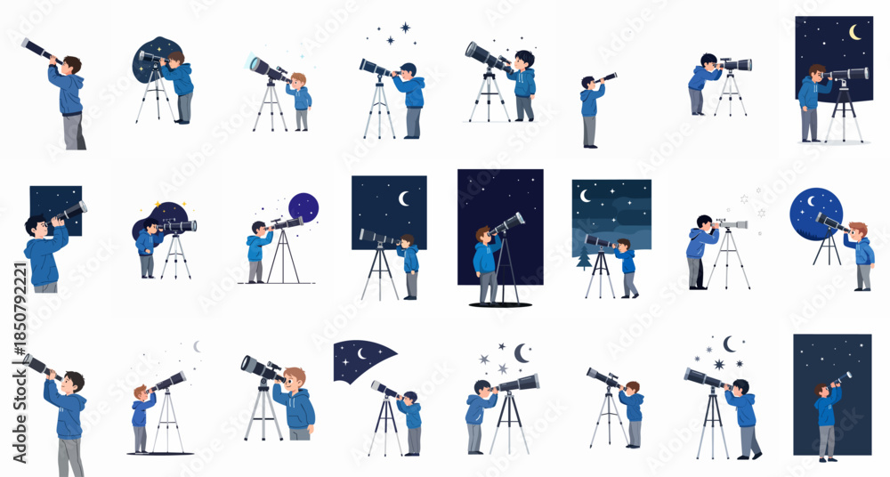 Fototapeta premium Young Boys Looking Through Telescopes Set: Illustrations of Kids Observing the Night Sky, Stars, and Moon, Exploring Astronomy and Science.