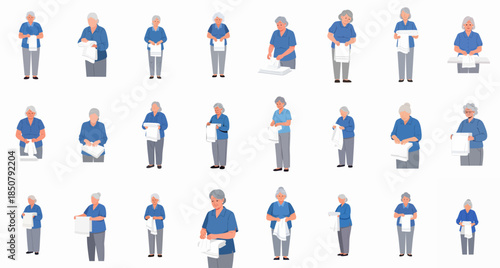 Elderly women holding and folding clean white towels. Flat vector illustration set showing senior housekeeper or domestic worker performing laundry duties.