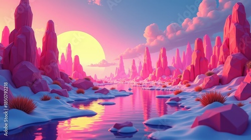 Pink desert landscape with river and sun rock formations