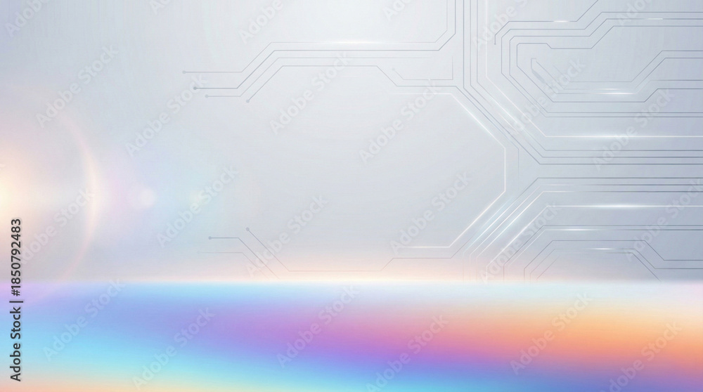 Obraz premium Minimal tech circuit with rainbow gradient horizon copy space