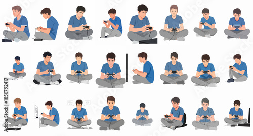 Vector set of young male gamer illustrations in various poses, sitting cross-legged and focused while playing video games with console controllers on the floor.