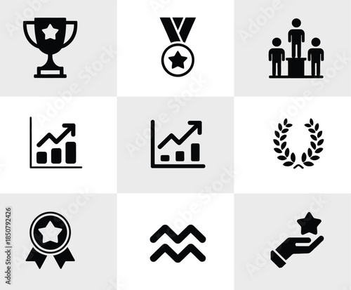 Collection of achievement and success icons including trophy medal podium laurel wreath rating charts and hand holding a star symbol for quality recognition