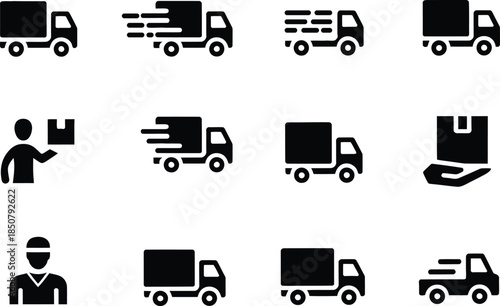 Collection of solid black icons representing delivery trucks logistics service personnel and package handling essential for shipping and transport concepts