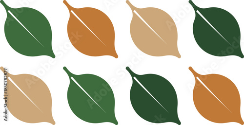 Set of eight stylized leaves in green brown and beige colors on transparent background autumn seasonal nature elements