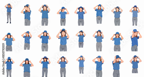 Full-length vector sprite sheet featuring a young woman in blue shirt and grey jeans adjusting various blue hats and headwear, isolated poses for character design.