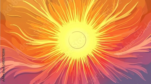 Radiant sun with flowing fiery rays solar light