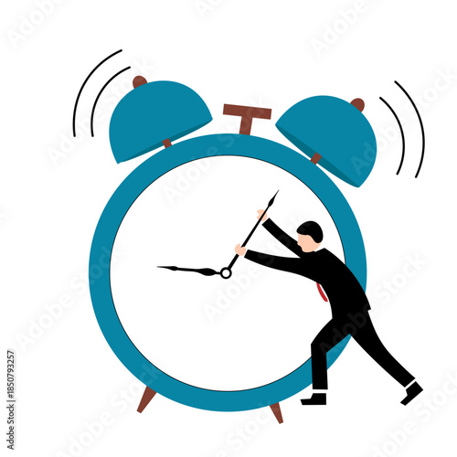 Vector illustration of a businessman manipulating time on a ringing alarm clock, symbolizing time management, deadlines, productivity, and business efficiency concepts.
