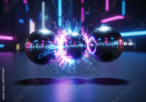 Futuristic atoms colliding with vibrant purple and blue energy sparks