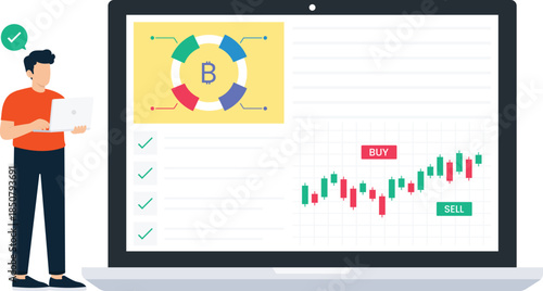 Man trading online investment crypto market financial analysis stock chart digital currency laptop screen business technology modern flat data visualization
