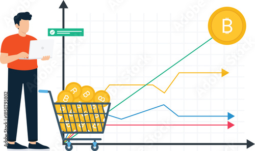 Man analyzing crypto trading chart showing financial growth. Shopping cart full Bitcoin coins. Digital currency investment strategy. Online wealth accumulation.