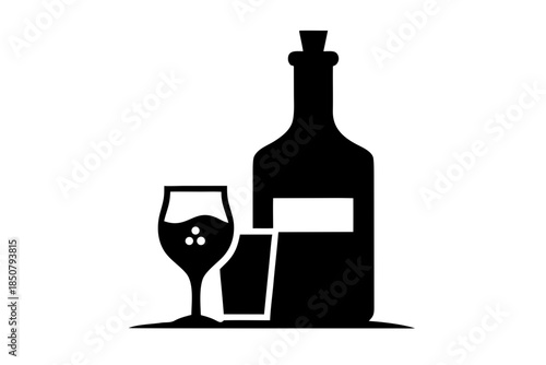 alcohol bottle and glass silhouette vector, beer bottle and glass icon black symbol 