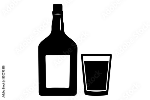 alcohol bottle and glass silhouette vector, beer bottle and glass icon black symbol 