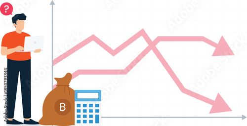 Investor analyzing market crash financial loss cryptocurrency decline worried man calculating risk stock chart downward trend economic crisis data analysis money bag