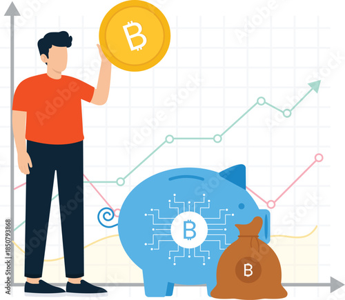 Man holding Bitcoin coin cryptocurrency saving digital finance blockchain technology financial growth upward trend wealth management virtual money market analysis