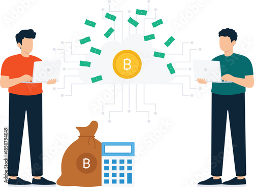 Two men trading cryptocurrency using laptops cloud computing network generating digital money profit blockchain technology investment calculation finance concept