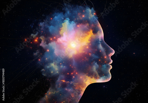 Vibrant galaxy inside human head representing creativity and innovation