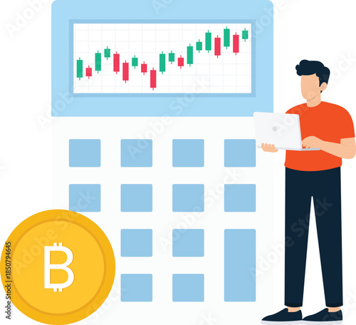 Man analyzing cryptocurrency trading financial calculation digital currency Bitcoin investment market analysis stock chart online finance modern technology flat design business strategy
