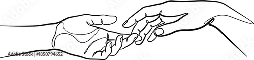 Minimal line art of human hands touching gently, symbolic vector illustration representing connection, support, care, relationship and emotional communication concepts