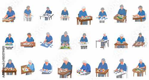 Collection of 24 illustrations featuring senior women engaged in solving jigsaw puzzles, promoting cognitive health, hobby, and leisure activity.