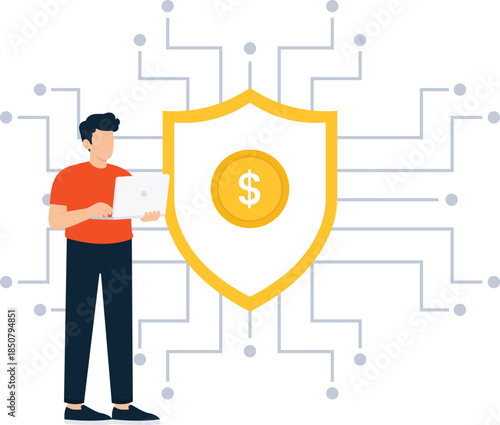 Man using laptop digital security financial protection secure payment cyber defense internet safety money safeguard business technology network connection modern illustration
