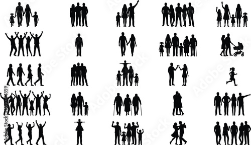 People and family silhouettes in various activities and group interactions, modern vector set for lifestyle, community, relationship and social concept illustrations