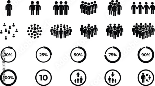 People group icons with population size and percentage indicators, modern vector set for statistics, analytics, demographics, data visualization and social research concepts