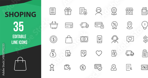 Shopping Line Icons Set of 35 – E-commerce, Online Store, Payment, Delivery and Retail Outline Symbols