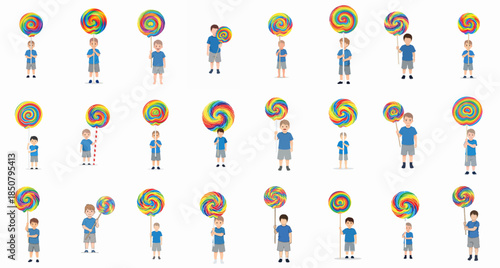 Collection of cute boys holding giant rainbow swirl lollipops, illustrating various sizes, styles, and poses against a white background.