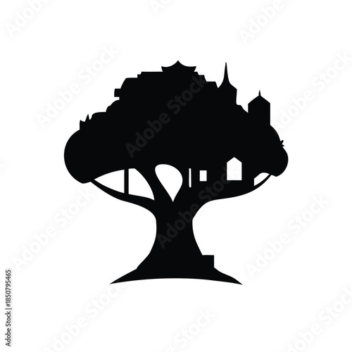 Silhouette of a treehouse city built on a giant tree