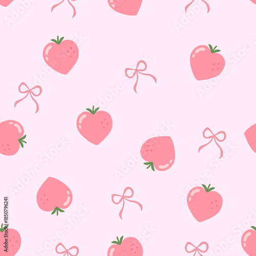 Seamless pattern of strawberry heart shape and ribbon bows on pink background.