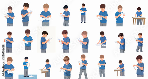 Collection of illustrations showing diverse boys engaged in folding and making paper airplanes, representing childhood creativity, focus, and playful learning.
