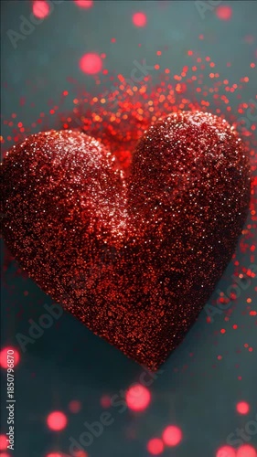 of a heart symbol in red with sparkly red bokeh spots against a blurred grey background. Ideal for Valentine's Day or love-themed graphics.