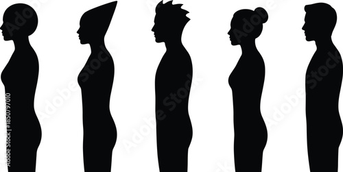 Male and female body profile silhouettes in side view, human standing figures, modern vector illustration for anatomy, posture, identity and character design concepts