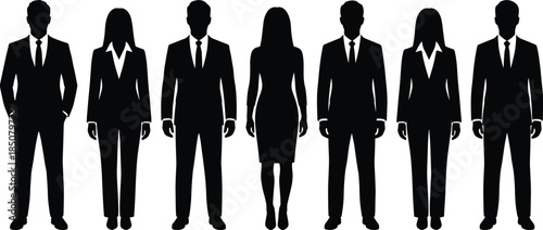 Business people silhouettes standing in formal suits, professional men and women figures, clean vector illustration for corporate, office and leadership concepts